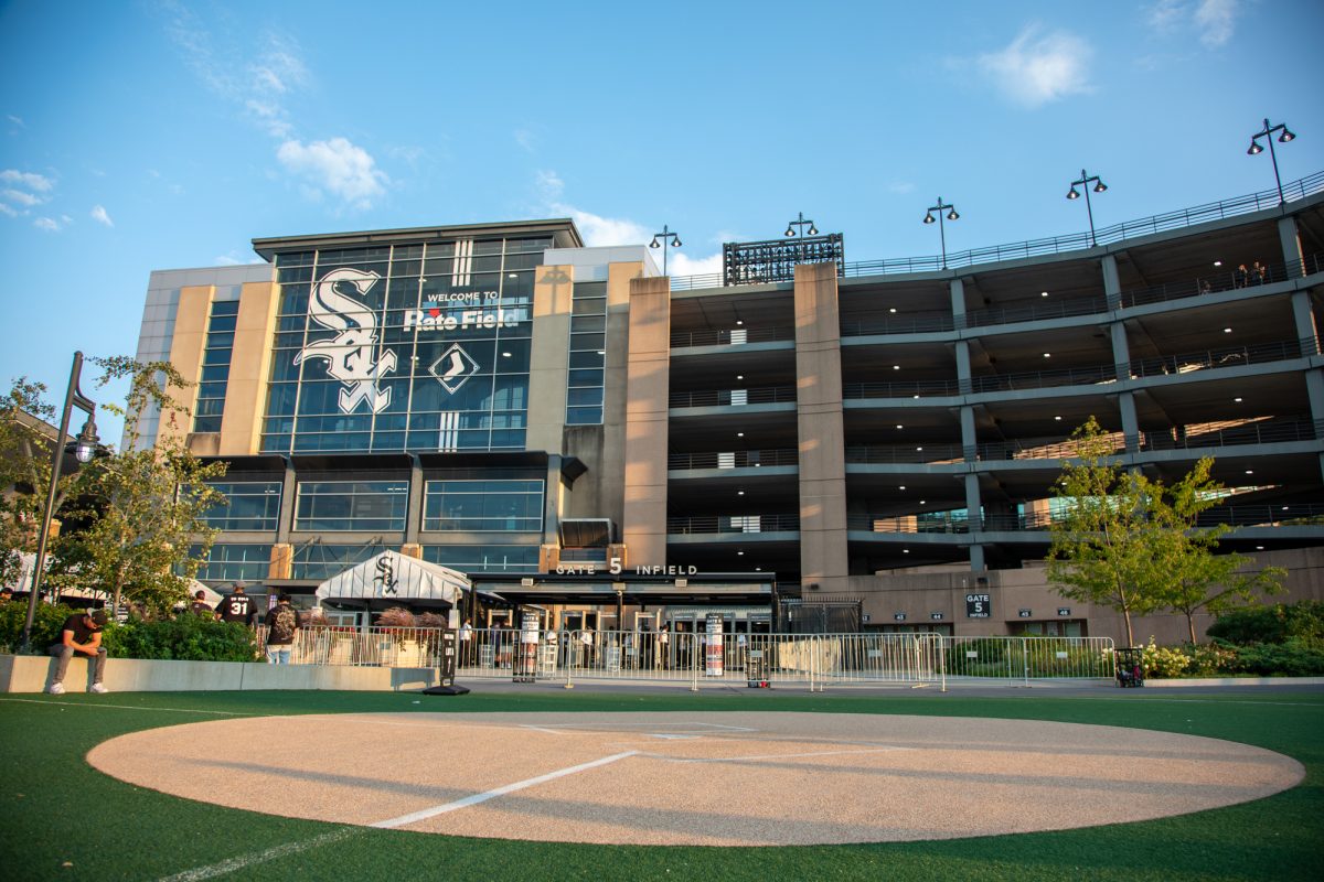 An old home plate from Comiskey Park sits north of Rate Field, home of the Chicago White Sox, where the team played the Texas Rangers on Wednesday, Aug. 26, 2026. Although the stadium is often associated with Bridgeport, according to Chicago’s 77 community areas map, it is located in Armour Square. This photo is part of the Columbia Chronicle’s “77 Community Areas” project, documenting Chicago in celebration of America’s 250th birthday.