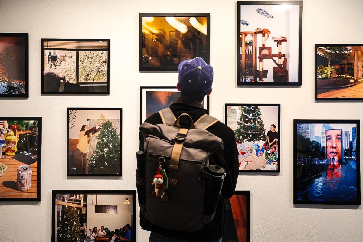 Student views the work of student artist Zayden German, and his photo piece “Colors of Home” in the Hokin Gallery's newest exhibit, "Colors of Home" on Thursday, Sept. 24, 2026.