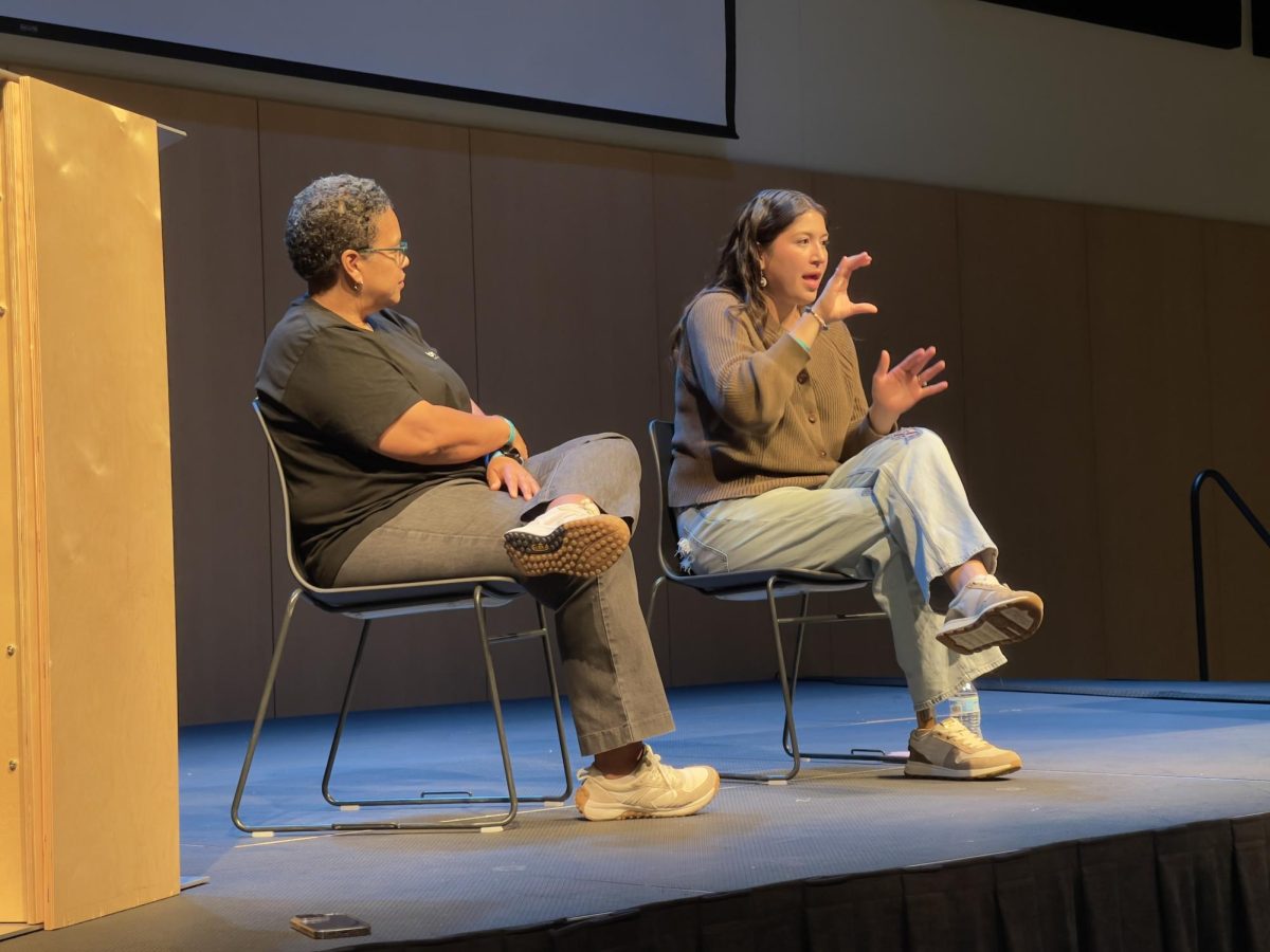 Emcee Haydee Garcia and actress Alaqua Cox, both of whom are deaf, conduct a Q&A at the Deaf Awareness Day event on the fifth floor of the Student Center on Friday, Sept. 18, 2026.