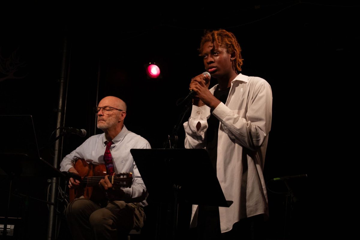 David Dolak, professor in the School of Communication and Culture, and Danny Breaux, a first-year music production major, perform at this semester's first Acoustic Kitchen on Tuesday, Sept. 29, 2026.