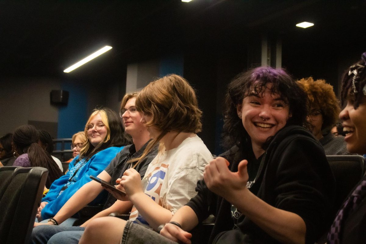 Students eagerly await the Emmys to begin in Theatre 310 in the 1104 S. Wabash Ave. building on Monday, Sept. 14, 2026.