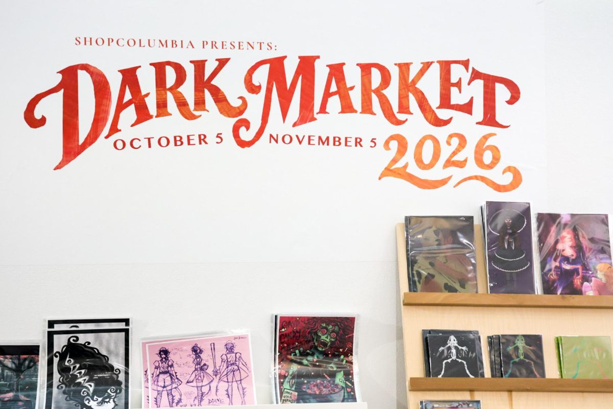 Halloween-themed artwork for sale sits on shelves at the 2026 Shop Columbia Dark Market on Monday, Oct. 19, 2026.