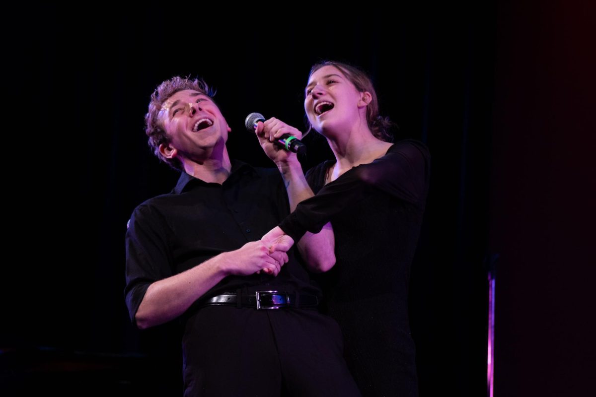 Miller Rawlinson and Carys Sanders, first-year musical theatre majors, perform "Suddenly Seymour" at the "First Look" performance on Thursday, Oct. 8, 2026.