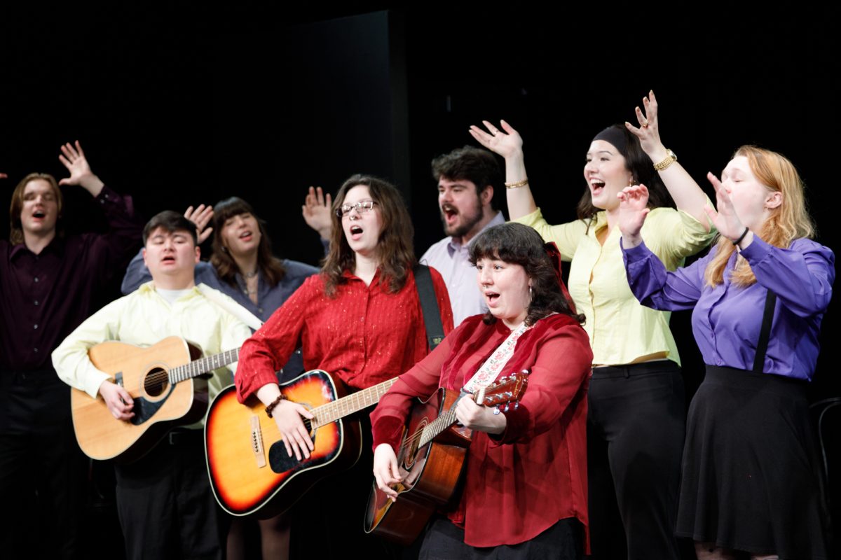 The cast of Comedy Cabaret sing about a bloody moose attack and guts on antlers at Camp Wannapraya in the basement of the Getz Theatre Center on Wednesday Oct. 7, 2026.