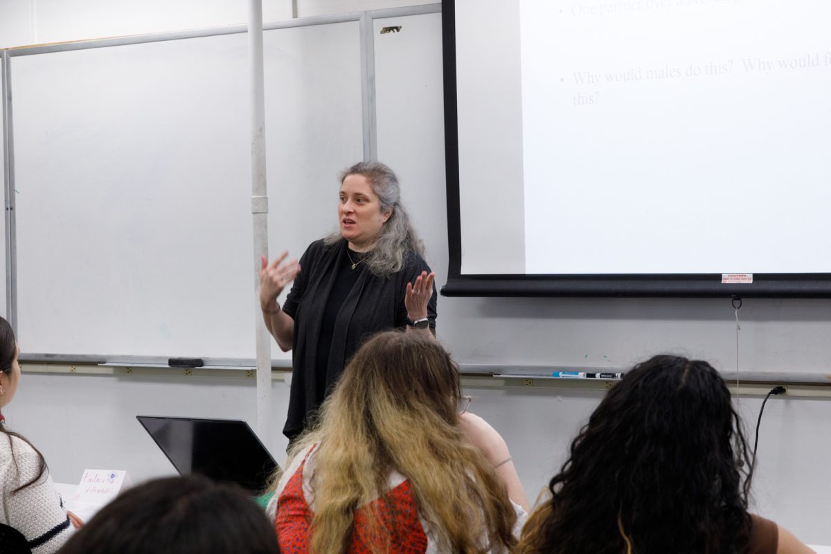 Professor Elizabeth Davis-Berg has a discussion with her class following a showing of the documentary “Why Sex” during the “Evolution of Sex” course on the sixth floor of the 623 S. Wabash Ave. building on Wednesday, Oct. 21, 2026.