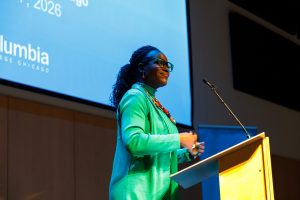 President and CEO Shantay Bolton greets the college in her address during the State of the College on the fifth floor of the Student Center on Oct. 7, 2026.
