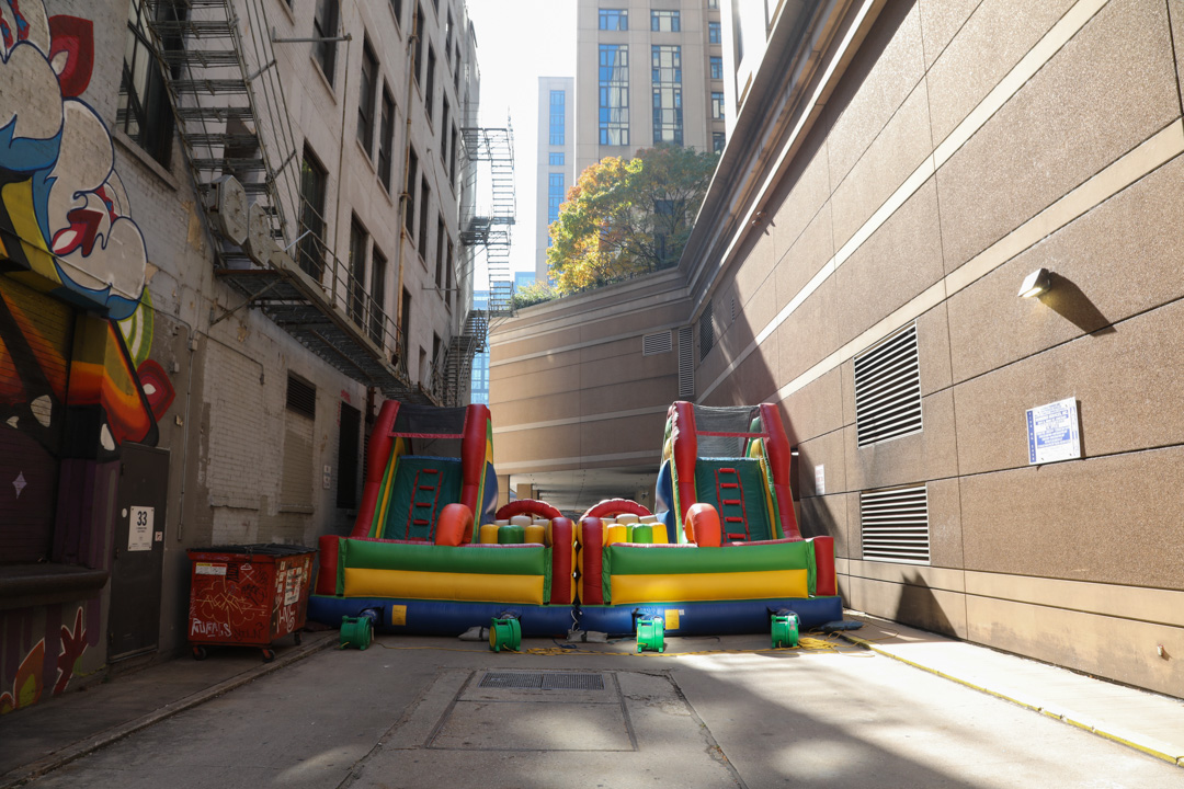 An inflatable bounce castle sits in the loading dock of the University Center for their Fall Fest on Friday, Oct. 23, 2026.
